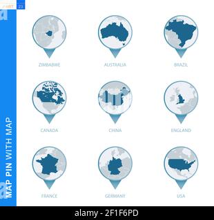 Sammlung von Kartenstecknadeln mit detaillierter Karte und Nachbarländern, 9 Kartenstecknadeln von Simbabwe, Australien, Brasilien, Kanada, China, England, Frankreich, Deutschland, Stock Vektor