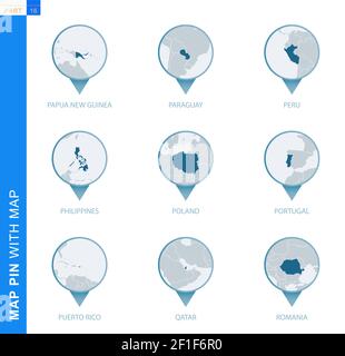 Sammlung von Kartenstecknadeln mit detaillierter Karte und Nachbarländern, 9 Kartenstecknadeln von Papua-Neuguinea, Paraguay, Peru, Philippinen, Polen, Portugal, Puer Stock Vektor