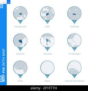 Sammlung von Kartenstecknadeln mit detaillierter Karte und Nachbarländern, 9 Kartenstecknadeln der Schweiz, Syriens, Taiwans, Tadschikistans, Tansanias, Thailand, Die Baham Stock Vektor