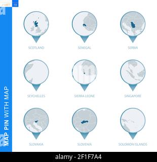 Sammlung von Kartenstecknadeln mit detaillierter Karte und Nachbarländern, 9 Kartenstecknadeln von Schottland, Senegal, Serbien, Seychellen, Sierra Leone, Singapur, Slova Stock Vektor