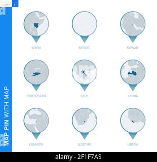 Sammlung von Kartennadel mit detaillierter Karte und Nachbarländern, 9 Kartennadeln von Kenia, Kiribati, Kuwait, Kirgisistan, Laos, Lettland, Libanon, Lesotho, Stock Vektor