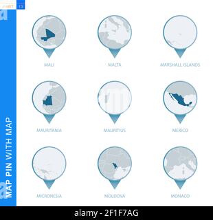 Sammlung von Kartenstecknadeln mit detaillierter Karte und Nachbarländern, 9 Kartenstecknadeln von Mali, Malta, Marshallinseln, Mauretanien, Mauritius, Mexiko, Microne Stock Vektor