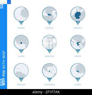 Sammlung von Kartenstecknadeln mit detaillierter Karte und Nachbarländern, 9 Kartenstecknadeln von Gambia, Georgien, Deutschland, Ghana, Gibraltar, Griechenland, Grenada, Guatemala Stock Vektor