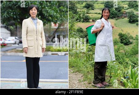 (210308) -- GUANGZHOU, 8. März 2021 (Xinhua) -- in diesem Combo-Foto zeigt der linke Teil des Xinhua-Fotografen Deng Hua am 3. März 2021 Guan Yanping in einem Krankenhaus im Bezirk Jinwan der Stadt Zhuhai, südchinesische Provinz Guangdong; Der rechte Teil zeigt Guan auf ihrem Weg zu den Dorfbewohnern der Gemeinde Bingzhongluo in der Autonomen Präfektur Lisu in Nujiang, südwestlich der Provinz Yunnan, 11. September 2019. Im Jahr 2017 verließ Guan Yanping Zhuhai aus der südchinesischen Provinz Guangdong, um als Hilfe-Arzt in Nujiang in der südwestlichen Provinz Yunnan zu arbeiten. In den letzten Jahren, sie Stockfoto