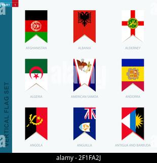 Vertikaler Merker mit neun Vektoren gesetzt. Vertikale Ikone mit Flagge von Afghanistan, Albanien, Alderney, Algerien, Amerikanisch-Samoa, Andorra, Angola, Anguilla, Antigua Stock Vektor