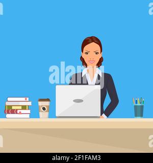 Geschäftsfrau, Schreibtisch, Laptop Stock Vektor