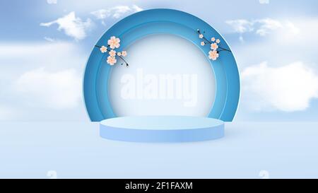 Minimale Szene mit geometrischen Formen. Zylindrisches Podium in hellblau mit Papierfederblumen. Szene für die Vorführung eines kosmetischen Produkts Stock Vektor