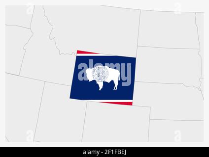 US-Bundesstaat Wyoming Karte hervorgehoben in Wyoming Flaggen Farben, graue Karte mit benachbarten usa Staaten. Stock Vektor