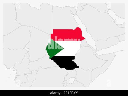 Sudan-Karte in den Farben der sudanesischen Flagge hervorgehoben, graue Karte mit Nachbarländern. Stock Vektor