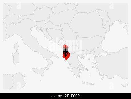 Albanien Karte hervorgehoben in Albanien Flaggen Farben, graue Karte mit Nachbarländern. Stock Vektor