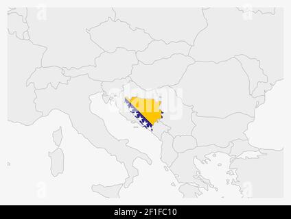 Bosnien und Herzegowina Karte hervorgehoben in Bosnien und Herzegowina Flaggenfarben, graue Karte mit Nachbarländern. Stock Vektor