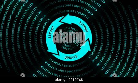 AKTUALISIEREN Sie die Beschriftung auf dem Aktualisierungszeichen in der Mitte der kreisförmigen Linien - Grafikelemente in Türkis auf schwarzem Hintergrund - Software Computerprogramm Aktualisieren Stockfoto