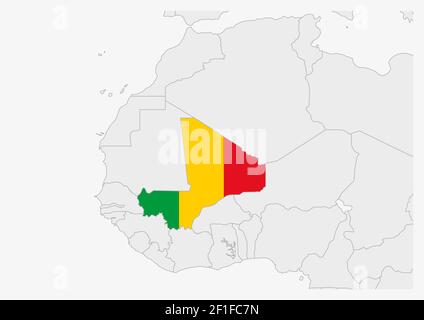 Mali Karte hervorgehoben in Mali Flaggenfarben, graue Karte mit Nachbarländern. Stock Vektor