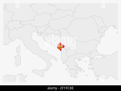 Montenegro Karte hervorgehoben in Montenegro Flaggen Farben, graue Karte mit Nachbarländern. Stock Vektor