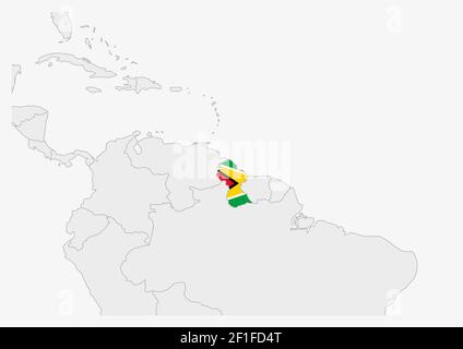 Guyana-Karte in Guyana-Flaggenfarben hervorgehoben, graue Karte mit Nachbarländern. Stock Vektor