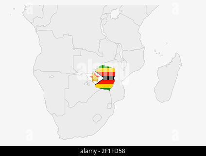 Simbabwe Karte hervorgehoben in Simbabwe Flaggen Farben, graue Karte mit Nachbarländern. Stock Vektor