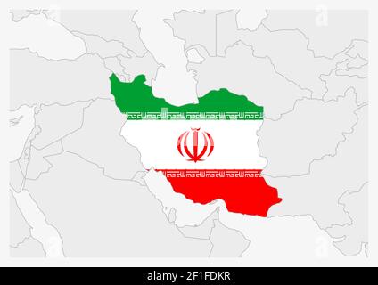 Iran-Karte in Iran-Flaggen-Farben hervorgehoben, graue Karte mit Nachbarländern. Stock Vektor