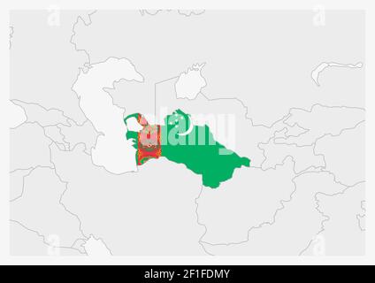 Turkmenistan Karte hervorgehoben in Turkmenistan Flaggen Farben, graue Karte mit Nachbarländern. Stock Vektor