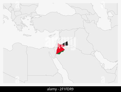 Jordankarte in Farben der Jordanflagge hervorgehoben, graue Karte mit Nachbarländern. Stock Vektor