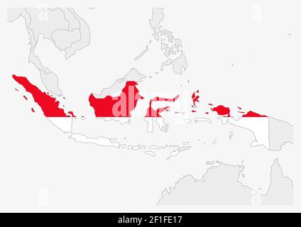 Indonesienkarte in Indonesien-Flaggenfarben hervorgehoben, graue Karte mit Nachbarländern. Stock Vektor