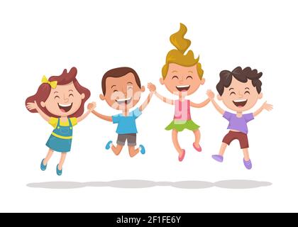 Glückliche multirassische Kinder springen und lachen. Gruppe von Kindern, die ihre Hände halten. Glück, Freundschaft und Spaßkonzept. Stock Vektor