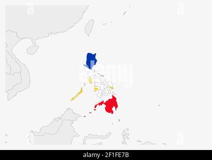 Philippinen Karte hervorgehoben in Philippinen Flaggen Farben, graue Karte mit Nachbarländern. Stock Vektor
