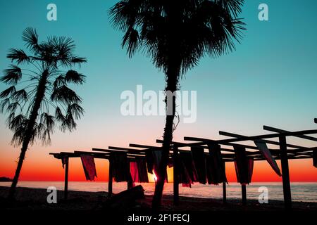 Panoramablick auf den Sonnenuntergang im Meer am Horizont Silhouetten von Palmen und Markisen am Strand. Romantische Landschaft Stockfoto