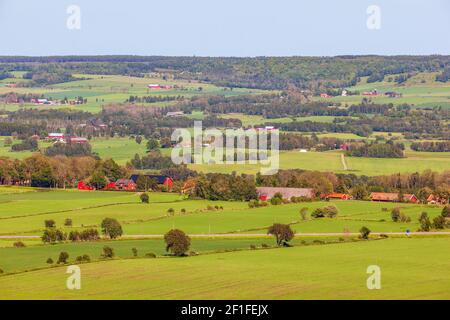 Ländliche Landschaft mit Bauernhof und grünen Feldern Stockfoto