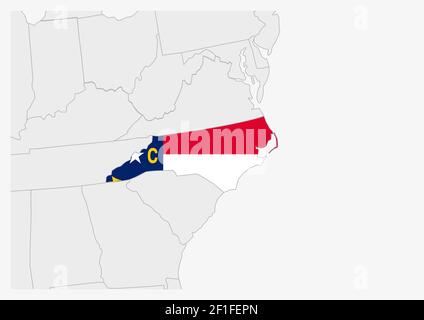 US-Bundesstaat North Carolina Karte hervorgehoben in North Carolina Flaggen Farben, graue Karte mit benachbarten usa Staaten. Stock Vektor