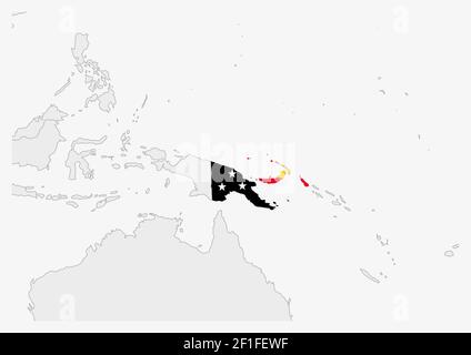 Papua-Neuguinea-Karte hervorgehoben in Papua-Neuguinea-Flaggenfarben, graue Karte mit Nachbarländern. Stock Vektor