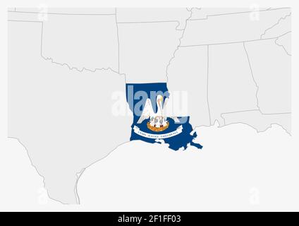 US-Bundesstaat Louisiana Karte hervorgehoben in Louisiana Flaggen Farben, graue Karte mit benachbarten usa Staaten. Stock Vektor