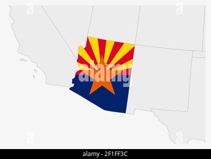 US-Bundesstaat Arizona Karte hervorgehoben in Arizona Flaggen Farben, graue Karte mit benachbarten usa Staaten. Stock Vektor