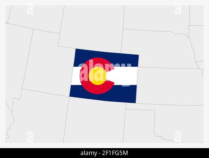 US-Bundesstaat Colorado Karte hervorgehoben in Colorado Flaggen Farben, graue Karte mit benachbarten usa Staaten. Stock Vektor