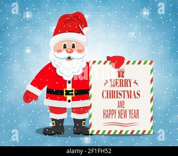 Fröhlicher Weihnachtsmann steht mit weihnachtsbanner Stock Vektor