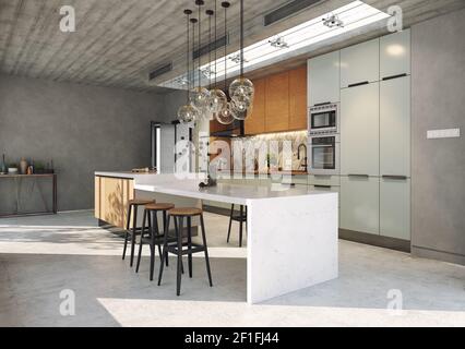 Moderne Küche im Loft-Stil. 3D Rendering Design Konzept Stockfoto