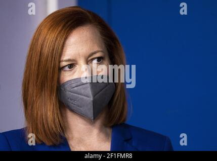 Jen Psaki, die Pressesprecherin des Weißen Hauses, hält am Montag, den 8. März 2021, eine Pressekonferenz im Weißen Haus in Washington, DC. Foto von Kevin Dietsch/UPI Stockfoto