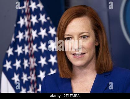 Jen Psaki, die Pressesprecherin des Weißen Hauses, hält am Montag, den 8. März 2021, eine Pressekonferenz im Weißen Haus in Washington, DC. Foto von Kevin Dietsch/UPI Stockfoto