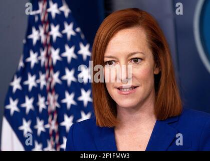 Jen Psaki, die Pressesprecherin des Weißen Hauses, hält am Montag, den 8. März 2021, eine Pressekonferenz im Weißen Haus in Washington, DC. Foto von Kevin Dietsch/Pool/Sipa USA Stockfoto