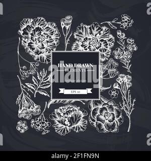 Quadratisches florales Design mit Kreidewachs Blume, Vergiss mich nicht Blume, Tansy, ardisia, brassica, dekorativen Kohl Stock Vektor