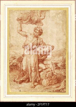 Giulio Romano. Zeichnung mit dem Titel "das Opfer Isaaks" des italienischen Malers und Architekten Giulio Romano (Giulio Pippi, c. 1499-1546), rote Kreide, 1516/18 Stockfoto