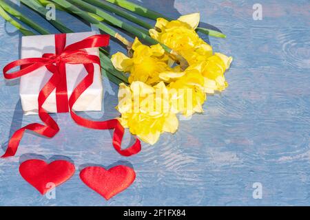 Gelbe helle Narzissen, eine weiße Geschenkbox mit rotem Band und zwei roten Herzen auf blauem Holzhintergrund. Narzissen sind die ersten Frühlingsblumen. Gr Stockfoto