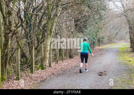 Jogger, Läufer, Laufen, auf, entlang der Ystwyth Trail, ein 21 Meile, 34 Kilometer, Multi-Use-Trail, verwendet, von Hund Wanderer, Wanderer, Radfahrer, Jogger, und Teil Pferd Reitweg, für Reiter. Die ehemalige Traillinie verbindet die studentische Küstenstadt Aberystwyth,ON, Cardigan Bay, mit Tregaron,both,in Ceredigion. Der Weg verläuft meist entlang des Flusses Ystwtyh. Foto aufgenommen zwischen Llanilar Dorf und Transgoed, ländlich, Landschaft, Landschaft, Ceredigion, Wales, Walisisch, Großbritannien, GB, Stockfoto