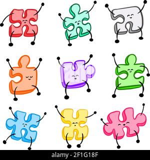 Cute Cartoon Jigsaw Figuren Mit Gesichtern Vektor Illustration Collection Stock Vektor