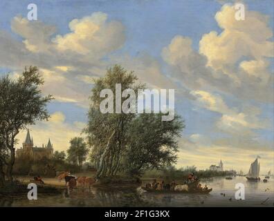 Salomon van Ruysdael - Flusslandschaft mit Fähre Stockfoto