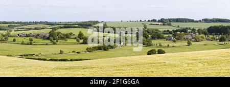 Ein Panoramablick auf die gemischte Landwirtschaft im Tal des Flusses Windrush im Cotswold Dorf Asthall, Oxfordshire UK - aus 7 hochauflösenden Bildern. Stockfoto