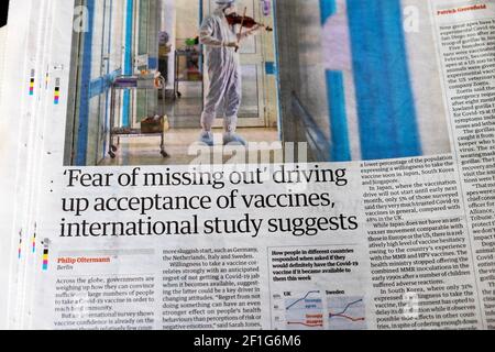 "Angst vor dem Verfehlen" treibt die Akzeptanz von Impfstoffen voran, internationale Studie suggeriert" Artikel in der Zeitung Guardian Headline 6 March 2021 London UK Stockfoto