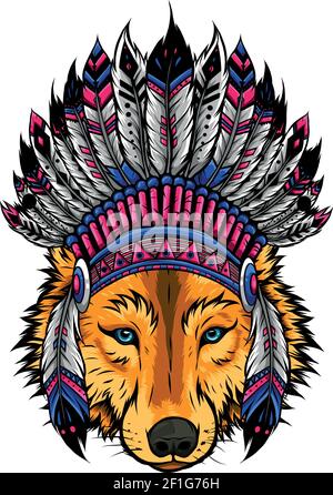 Indian Wolf mit Federn Hut Vektor-Illustration Stock Vektor