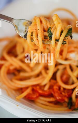 Pasta ist eine Art von Lebensmitteln in der Regel aus einem ungesäuerten Teig aus Weizenmehl mit Wasser oder Eiern gemischt, und gebildet zu Blättern oder anderen Formen, dann durch Kochen oder Backen gekocht. Reismehl oder Hülsenfrüchte wie Bohnen oder Linsen werden manchmal anstelle von Weizenmehl verwendet, um einen anderen Geschmack und eine andere Textur zu erhalten, oder als glutenfreie Alternative. Pasta ist ein Grundnahrungsmittel der italienischen Küche. Italien. Stockfoto