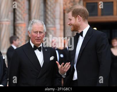 London, Großbritannien, 4. April 2019 Prinz Charles und Prinz Harry bei der Weltpremiere unseres Planeten im Natural History Museum, London. Kredit: Dou Stockfoto