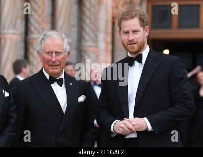 London, Großbritannien, 4. April 2019 Prinz Charles und Prinz Harry bei der Weltpremiere unseres Planeten im Natural History Museum, London. Kredit: Dou Stockfoto